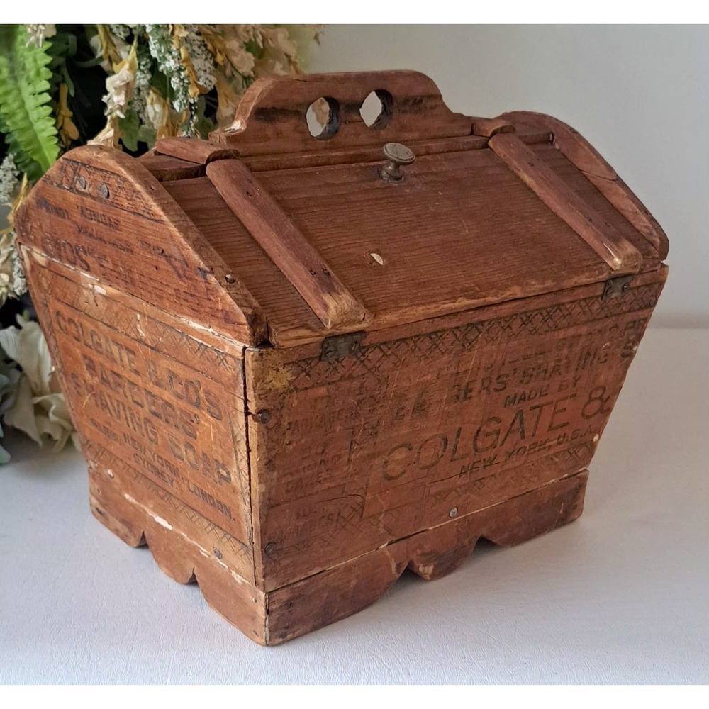 Primitive Wooden Sewing Box Colgate Shaving Soap Advertising